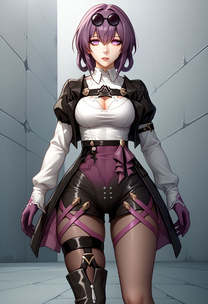 no2 type b dress, kafka, no pupils, eyewear on head, collared shirt, chest harness, jacket on shoulders, purple gloves, pantyhose under shorts, thigh straps, long sleeves, asymmetrical footwear, single thigh boot, leg belt, black boots, 2b, nier automata, honkai star rail, juliet sleeves, clothing cutout, gloves, cleavage cutout, long sleeves, feather-trimmed sleeves, puffy sleeves, purple dress, belt, BREAK PonyXLV6_Scores