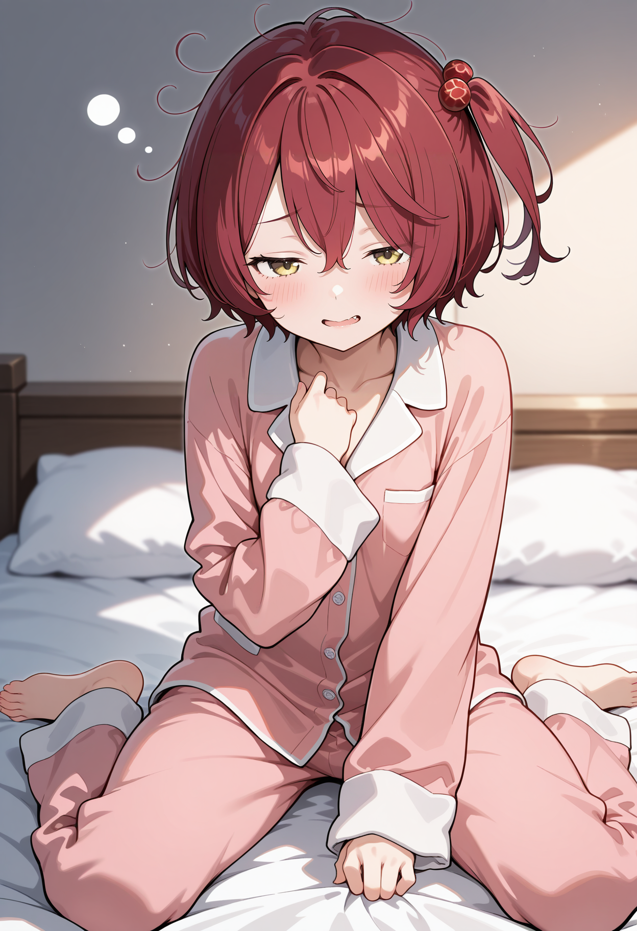 aakomari, short hair, red hair, one side up, hair bobbles, <lora:komari_chika_ilxl_v1:0.9>, on bed, sleepy, half-closed eyes, pajamas, wariza, wavy mouth, 
ultra-detailed, masterpiece, newest, best quality