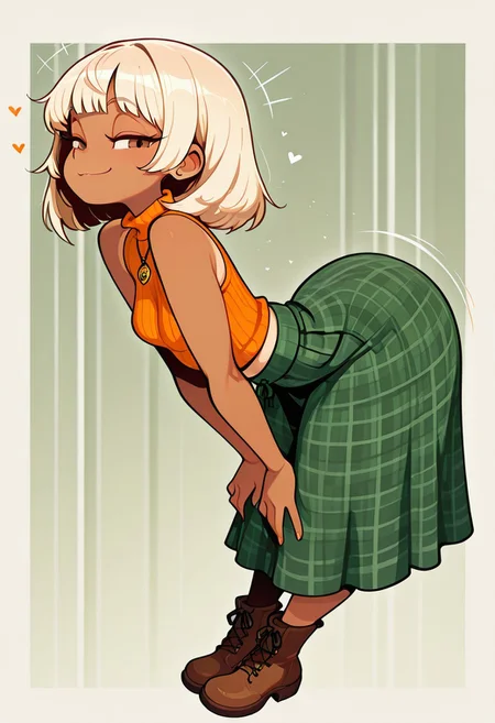 masterpiece, best quality, newest, absurdres, highres, aijalon, ppka, 1girl,  thick voluptuous female, , looking at viewer, blonde platinum hair,tanned, thick thighs, eager, flirty, , medium length hair, bangs, office background, orange turtleneck sweater, green skirt,  smug, slutty, becokning, bent down, standing, straight legs, 
, vivid high contrast colors, , ,Portrait, 1girl, , ,, eyes,pupils,,  ,bold lines, thick lines,  straight posture,, innocent, adorable, warm,  pretty,  seductive , standing, round ass,   , hearts, love, cowboy shot, mid riff, naval, 
),round gold earrimgs,, cleavage, (petite breasts) ,,ttbo, hip dips, thick thighs, thick adult curvy woman , reashg, blonde hair, short hair, brown eyes, orange sweater, sleeveless turtleneck, necklace, green skirt, plaid skirt, long skirt, ((full body))  Brown boots, big ass, partial side view, arching back