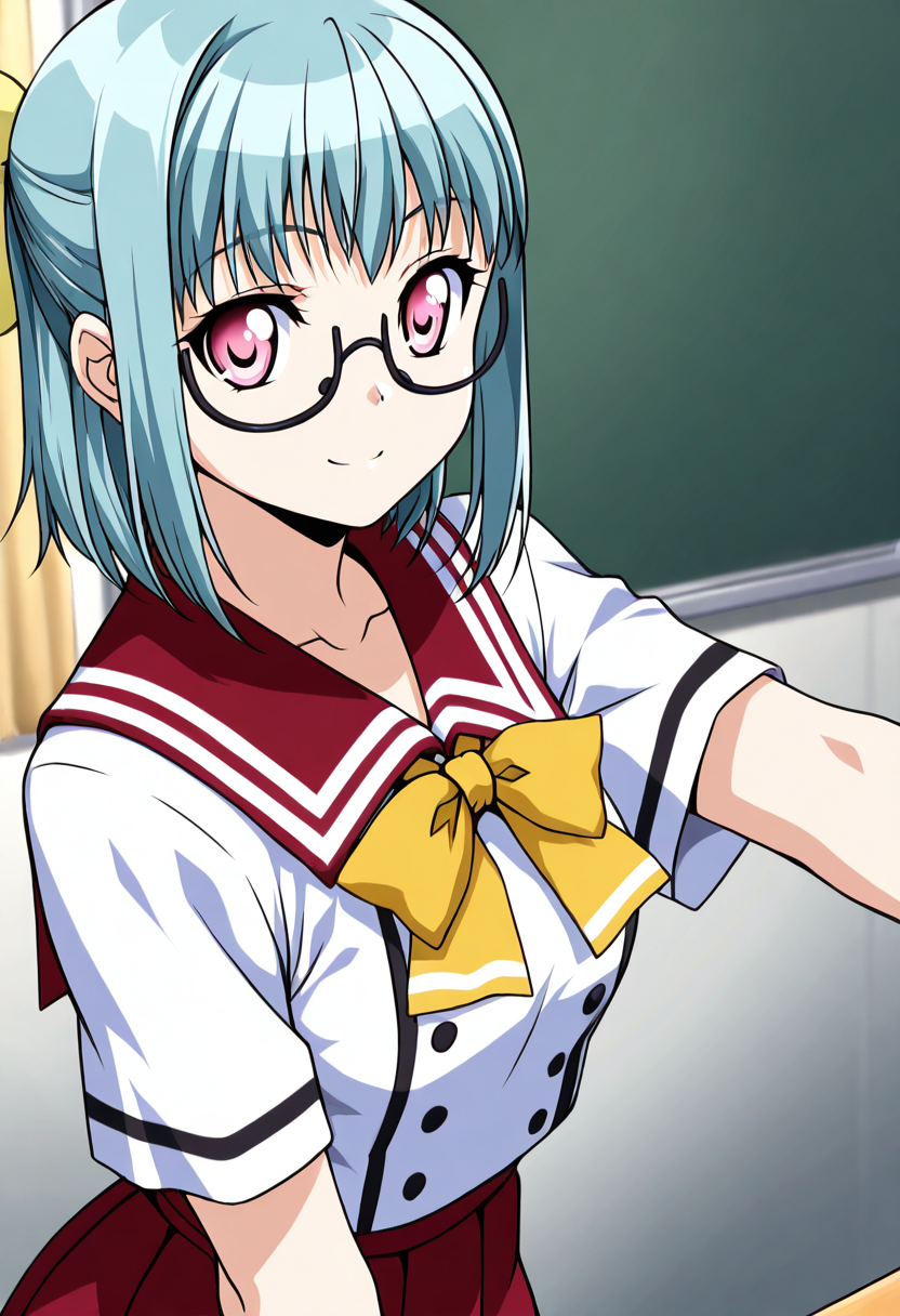 masterpiece, best quality, 1girl, solo, eyelashes, (beautiful eyes), smile, looking at viewer,   zzSuzu, pink eyes, aqua hair, short hair, half updo, semi-rimless eyewear,   short sleeves, yellow bowtie, school uniform, white shirt, red skirt,   ,<lora:SuzuMidori_KanojoX3_IXL_v1:1.0>,