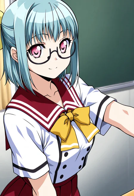 masterpiece, best quality, 1girl, solo, eyelashes, (beautiful eyes), smile, looking at viewer, zzSuzu, pink eyes, aqua hair, short hair, half updo, semi-rimless eyewear, short sleeves, yellow bowtie, school uniform, white shirt, red skirt, ,<lora:SuzuMidori_KanojoX3_IXL_v1:1.0>,