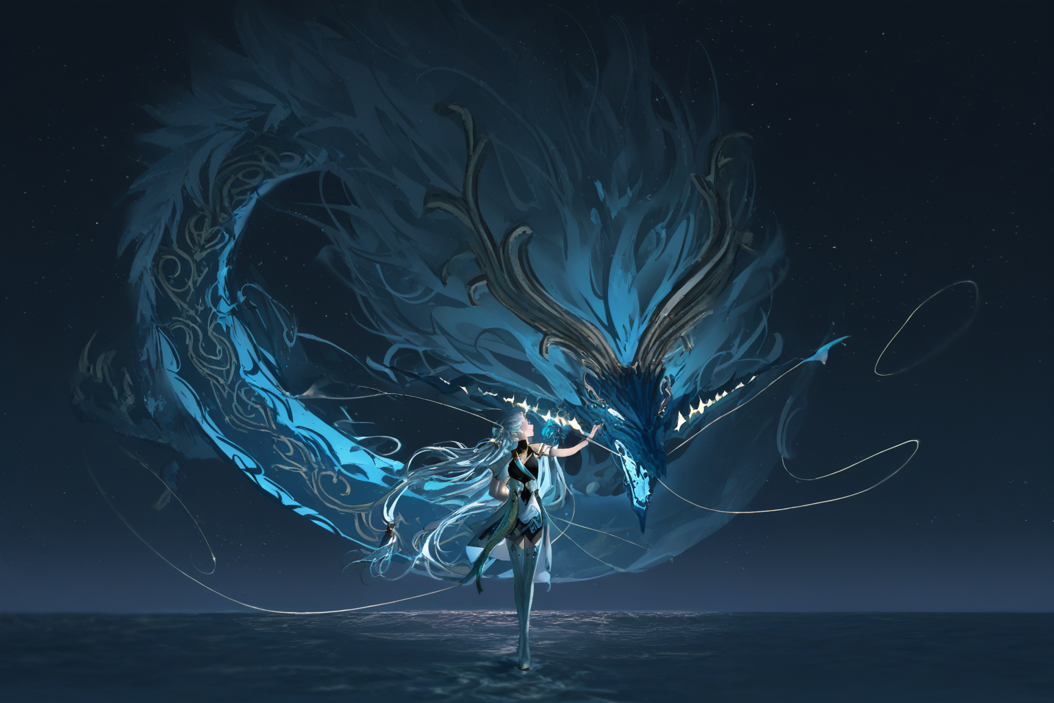 jue \(wuthering waves\), eastern dragon, dark background, glowing, horns, glowing, star \(sky\), dragon, open mouth, breath of fire,claws, jinhsi \(wuthering waves\), 1girl, arm behind back, black dress, boots, bow, breasts, large dragon,hair bow, hand up, jewelry, long hair, {looking at another,face to face},white thigh boots, very long hair, white bow, white coat, white eyes, dragon tail,{depth of field,water, contrast,dragon surrounding, dim lighting}, glowing eyes, white hair,height difference, blue flame, wind,floating,{very awa},masterpiece,best quality,highres,newest, nixeu,wide shot,<lora:jinhsi_e5-000008:1>