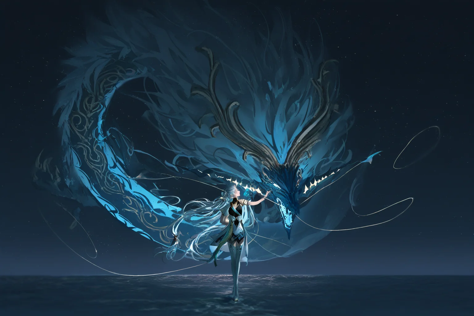 jue \(wuthering waves\), eastern dragon, dark background, glowing, horns, glowing, star \(sky\), dragon, open mouth, breath of fire,claws, jinhsi \(wuthering waves\), 1girl, arm behind back, black dress, boots, bow, breasts, large dragon,hair bow, hand up, jewelry, long hair, {looking at another,face to face},white thigh boots, very long hair, white bow, white coat, white eyes, dragon tail,{depth of field,water, contrast,dragon surrounding, dim lighting}, glowing eyes, white hair,height difference, blue flame, wind,floating,{very awa},masterpiece,best quality,highres,newest, nixeu,wide shot,<lora:jinhsi_e5-000008:1>