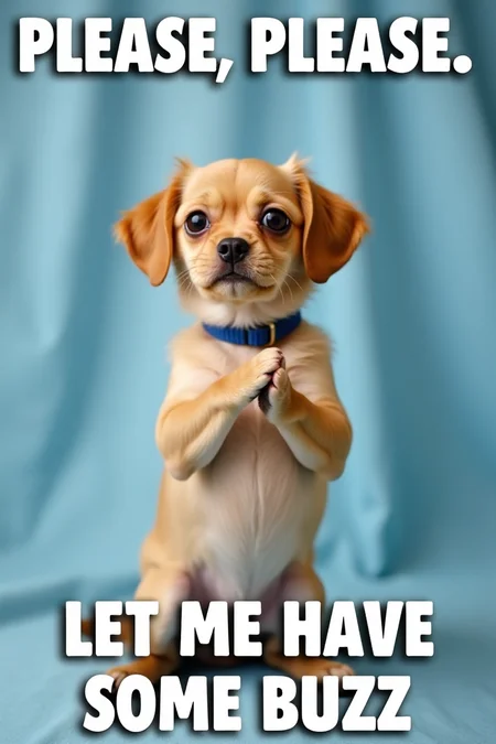 The image is a photograph featuring a small, brown dog, with short, smooth fur standing on its hind legs and holding its front paws together as if in prayer. The dog has a light brown coat with a slightly darker shade on its back and ears. It wears a blue collar around its neck. The background is a plain, washed blue fabric that appears to be a draped cloth or a backdrop, providing a simple and uncluttered setting for the dog. The dog's eyes are wide and exaggerated, and its mouth is slightly open, giving it a somewhat comical expression. Above the dog, in bold, white, capital letters with black outline, the text reads, "PLEASE., PLEASE." Below the dog, the text continues with, "LET ME HAVE SOME BUZZ." The overall mood of the image is humorous and endearing, emphasizing the cuteness of the dog and the humorous plea in the text. The photograph is well-lit, highlighting the dog's fur and the texture of the fabric in the background.