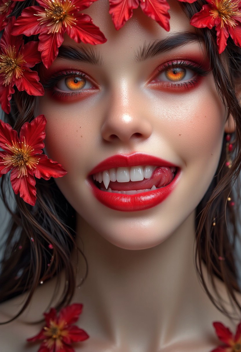 Midjourney_Whisper,A close-up of a woman. She has deep orange eyes and black sclera. She has detailed skin and a very long demonic tongue. dark hair. Her tongue is long and forked like a snake. Her tongue is curly and are touching her plump lips, lip filler, vibrant red blood flowers  symbolizing beauty and growth. big lips, bimbo lips, The flowers are red like blood blending harmoniously with the natural lip color. Vampire teeth, vampire fangs, long fangs. The scene is highly detailed, with a focus on the soft texture of the lips and the rich. The background is softly blurred, drawing attention to the blooming effect around the lips.