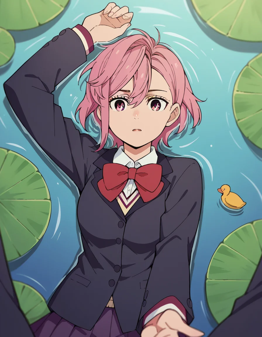 score_9, score_8_up, score_7_up, source_anime, <lora:aira-shiratori-alpha-ponyxl-lora-nochekaiser:1>, aira shiratori, short hair, bangs, hair between eyes, pink hair, pink eyes, medium breasts, shirt, long sleeves, bow, school uniform, jacket, white shirt, collared shirt, bowtie, red bow, black jacket, red bowtie, skirt, pleated skirt, purple skirt, miniskirt, pond, still water, plants, ducks, peaceful, , on back, arm support, arms up, incoming hug, pov, reaching, reaching towards viewer,, looking at viewer, solo,, dutch angle, cowboy shot