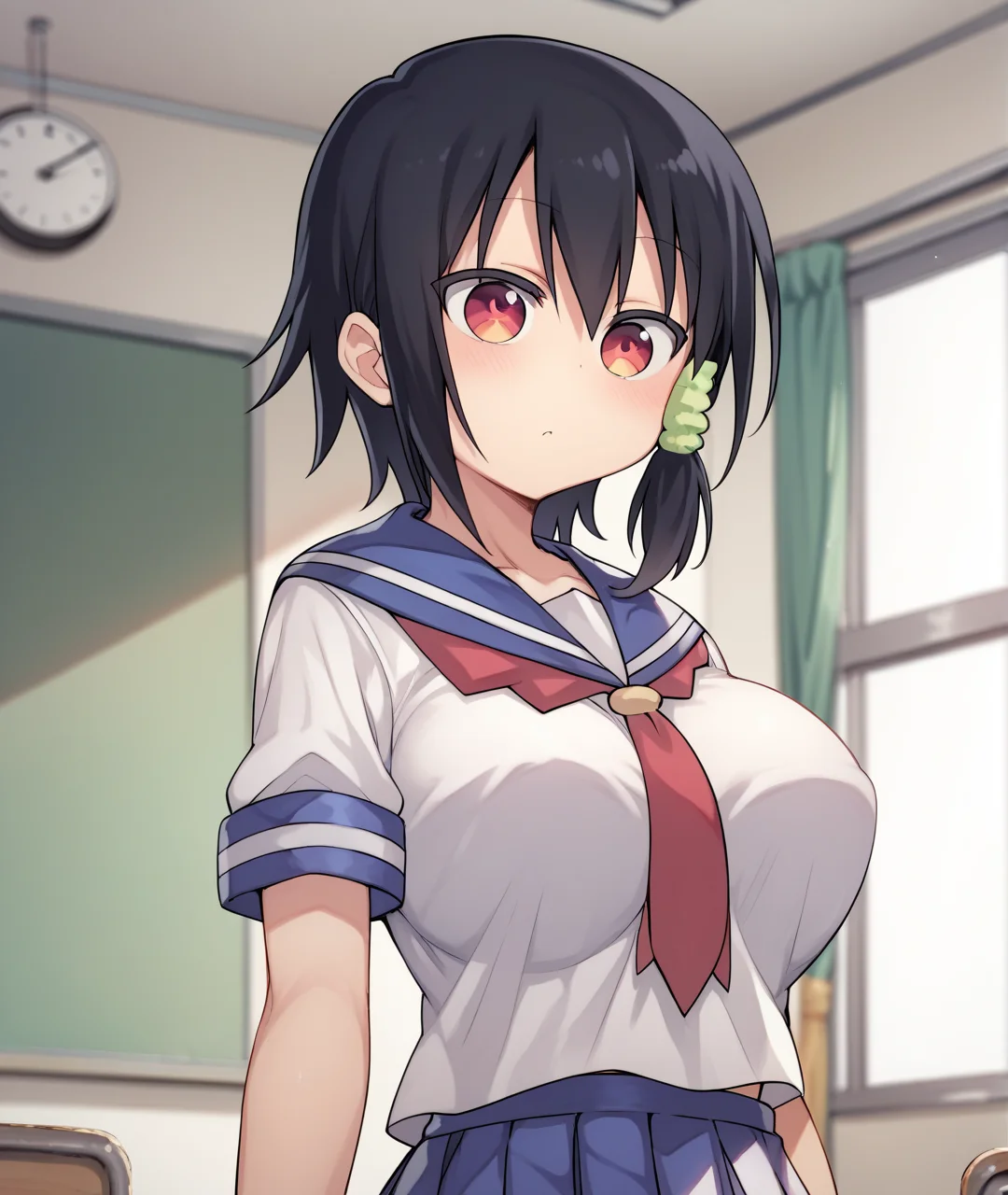 score_9, score_8_up, score_7_up, score_6_up, score_5_up, score_4_up, BREAK source_anime,
<lora:Komori Shuri_PONY:1>,komori shuri, 1girl, solo, black hair, red eyes, short hair, hair ornament, school uniform, serafuku,large breasts,