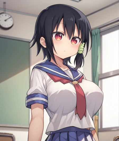 score_9, score_8_up, score_7_up, score_6_up, score_5_up, score_4_up, BREAK source_anime,
<lora:Komori Shuri_PONY:1>,komori shuri, 1girl, solo, black hair, red eyes, short hair, hair ornament, school uniform, serafuku,large breasts,