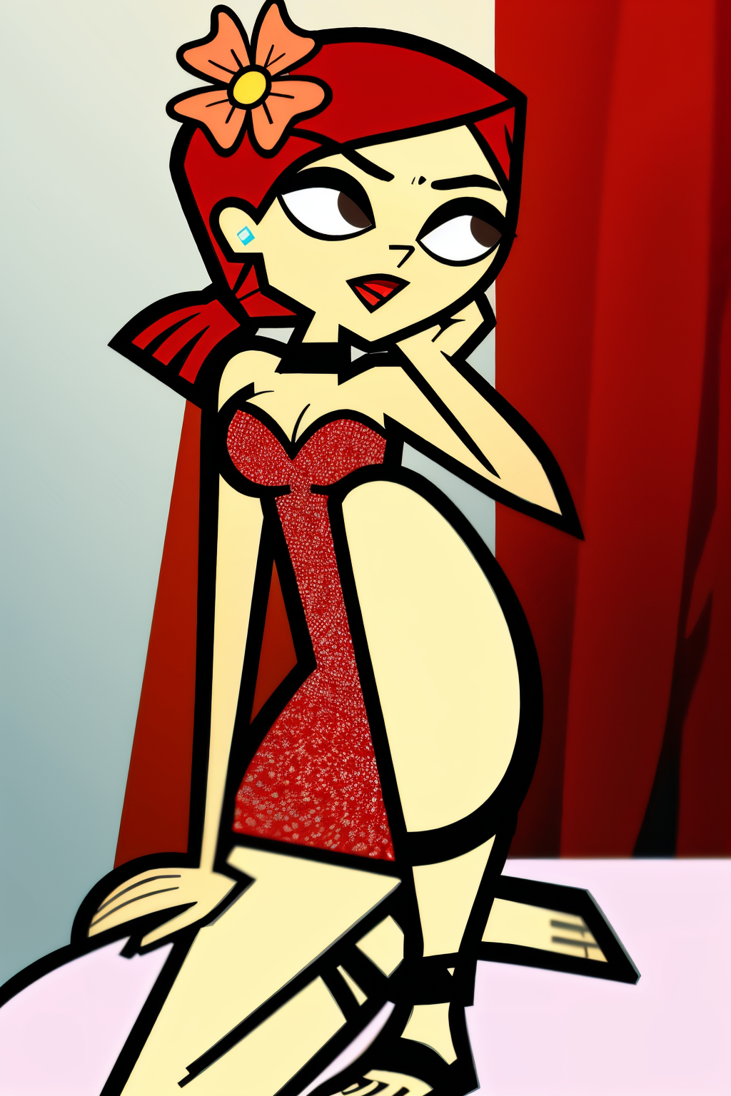 in the Bedroom, (Realistic:1.5) 1girl, solo, open mouth, cleavage, medium breasts, full body, red hair, hair flower, black choker, brown eyes, Printed dress with sandals <lora:EdobZoeyTotalDrama_v1.0:0.8>