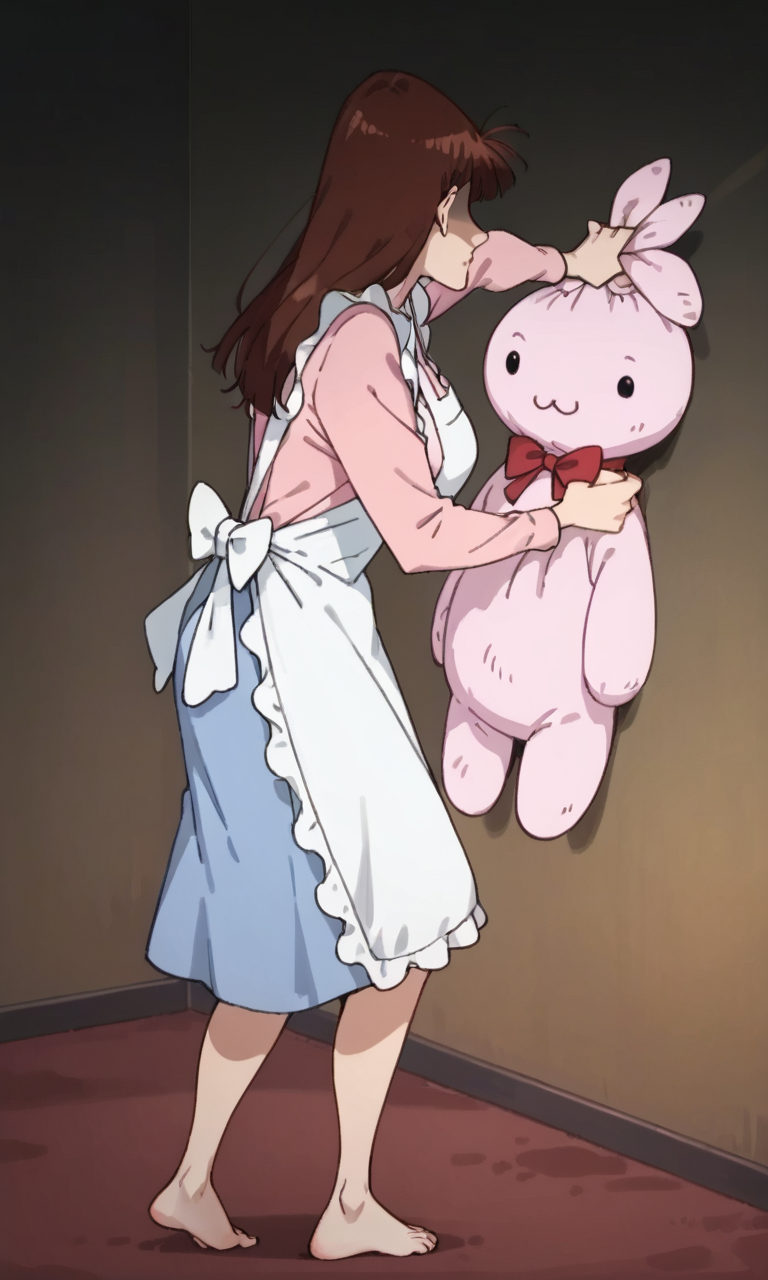 (1girl:1.5), (solo:1.3), (score_9, score_8_up, score_7_up, score_6_up, score_5_up, score_4_up), (source_anime), rating_questionable, (sakurada-moeko), (black eyes, eyelashes, brown hair, long hair, parody hair, voluminous bangs, fluffy bangs, mature female), (white frilled apron, chest apron, pink shirt, long sleeves, light blue skirt), (huge breasts, wide hips, thick thighs), 
 <lora:sakurada-moeko-dark_v1:0.8> (dark room, side view, facing away, shaded face, gigantic stuffed animal, grabbing stuffed animal, pushing stuffed animal, punching stuffed animal, barefoot:1.5)