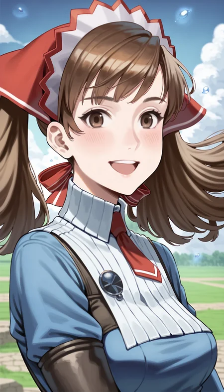 score_9,score_8_up,score_7_up,
realistic,
<lora:aliciamelchiott:1>,aliciamelchiott,1girl,solo,
brown hair,twintails,bouncing hair,brown eyes,looking at viewer,smile,open mouth,headdress,military uniform,white collar,red necktie,portrait,
outdoors,countryside,wind,particle effects,vignetting,blurry background,