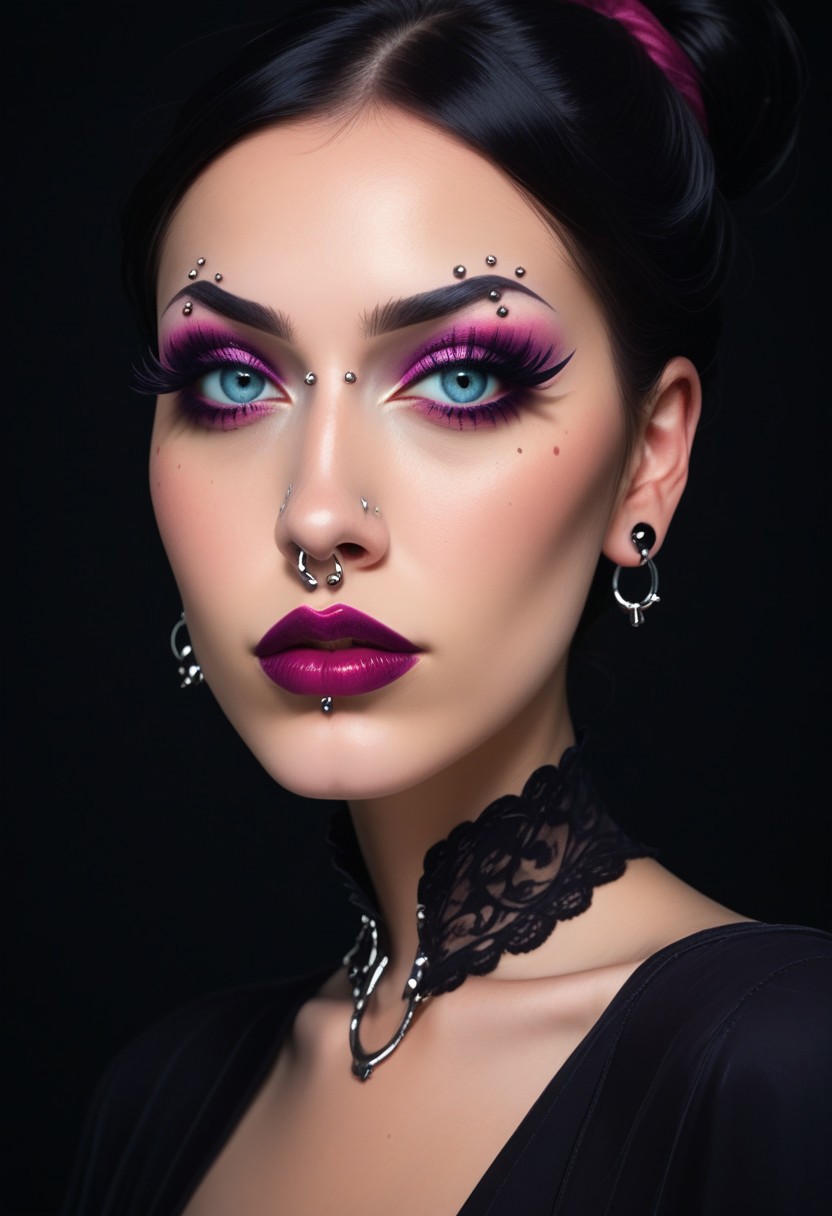 score_9, score_8_up, score_7_up, rating_safe, concept art, realistic, dark theme, low light.
1girl, solo, (ExtrFacePiercing:1.2), makeup.