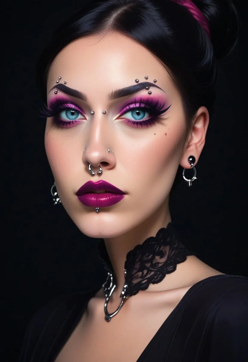 score_9, score_8_up, score_7_up, rating_safe, concept art, realistic, dark theme, low light.
1girl, solo, (ExtrFacePiercing:1.2), makeup.