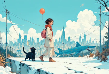 A surreal and whimsical urban scene featuring a young girl walking confidently across a floating white pedestrian crosswalk that stretches high above a cityscape. The girl is dressed in a cozy white coat with a bright red scarf and carries a pink backpack, which adds warmth and vibrancy to her otherwise serene and calm demeanor. Her brown bob haircut flows gently as she walks forward. In her hand, she holds the string of a red balloon that floats freely above her, contributing to the playful and dreamlike quality of the scene.
Beside her, a sleek black cat walks gracefully, its shadow mirrored on the surface below. Beneath the floating crosswalk, the city is depicted in a clean, stylized manner with a grid-like arrangement of skyscrapers and buildings in shades of blue and white, reflecting the crispness of the atmosphere. Adding to the surrealism, massive blue sharks swim peacefully beneath the crosswalk, seemingly suspended in mid-air, creating a striking juxtaposition with the urban environment.
The sky above is a brilliant blue, adorned with soft white clouds, emphasizing the sense of elevation and freedom. The overall color palette is dominated by shades of blue, white, and red, creating a harmonious yet dynamic composition.
<lora:Anime v1.3:1.2> <lora:Blue_Future:0.9> <lora:Ethereal_Brush_Anime_v1.0:0.6> <lora:It's a LoRA for portraits, BUT! actually specialized in backgrounds. v1.0:0.2>