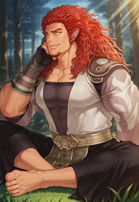 masterpiece, best quality, newest, extreme detail description, amazing quality, solo, 1boy, muscular male, large pectorals, Skri_FE, red hair, yellow eyes animal ears, face mark, facial hair, stubble, black undershirt, white shirt, multicolored shirt, shoulder pads, fingerless gloves, belt, black pants, legs crossed, on grass, smile, closed mouth, hand on own face,  forest background, outside, blue skies