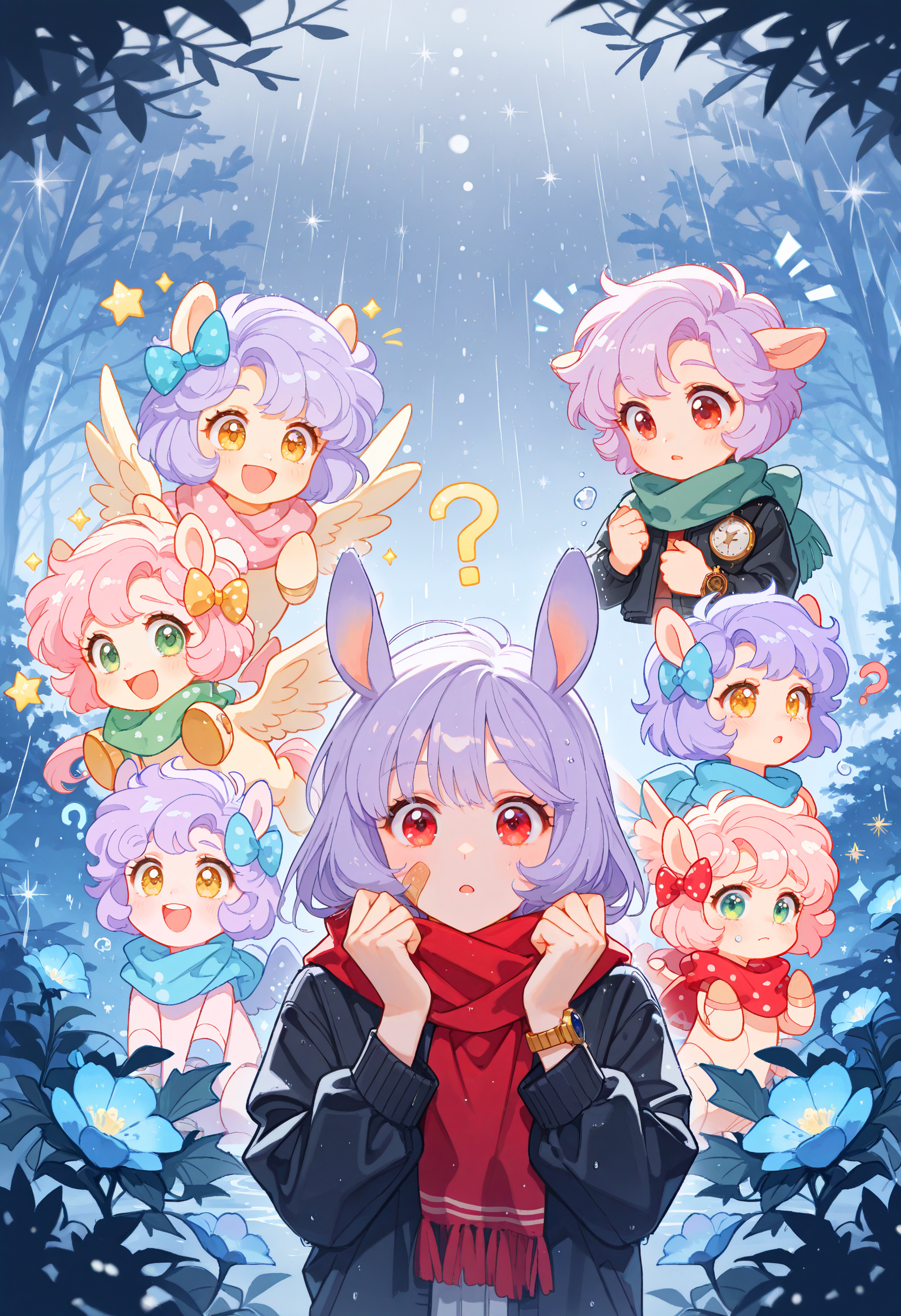 (incredibly_absurdres, amazing_background, best quality, pastel_colors, bright_colors, colorful, soft_colors, sparkle, shiny, glowing, fantasy, star_(symbol), detailed_background, detailed_eyes, stylized, watercolor_(medium))
(SNRA-Illu, looking_at_another, shocked, happy, christmas, bandaid on face, retro artstyle, polka dot bow, scarf, joints, purple hair, crying, blue flower, ?, air bubble, animal ears, star in eye, yellow eyes, rain, nature, pegasus, watch, fantasy, green eyes, black jacket, red eyes)