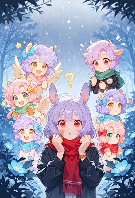 (incredibly_absurdres, amazing_background, best quality, pastel_colors, bright_colors, colorful, soft_colors, sparkle, shiny, glowing, fantasy, star_(symbol), detailed_background, detailed_eyes, stylized, watercolor_(medium))
(SNRA-Illu, looking_at_another, shocked, happy, christmas, bandaid on face, retro artstyle, polka dot bow, scarf, joints, purple hair, crying, blue flower, ?, air bubble, animal ears, star in eye, yellow eyes, rain, nature, pegasus, watch, fantasy, green eyes, black jacket, red eyes)