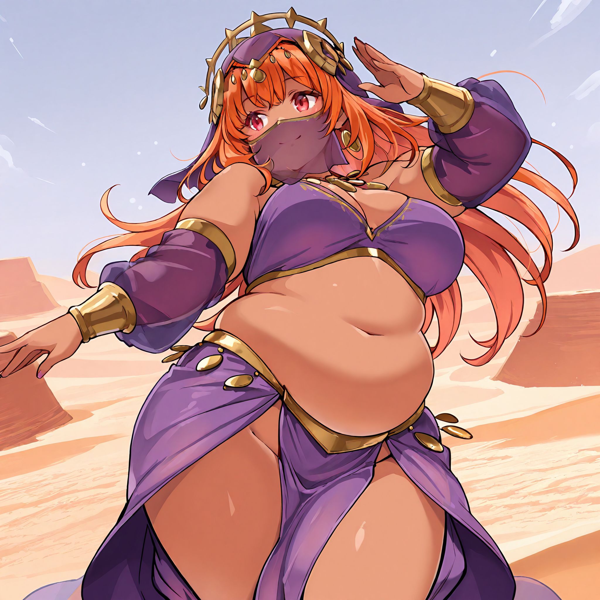 (masterpiece), best quality, (highly detailed), 1female, solo, <lora:Kurocaze_Style_IllustriousV2:0.8>, desert, belly dancer, pelvic curtain, mouth veil, headdress, arabian clothes, dark skin, dancing, orange hair, long hair, red eyes, smile, purple clothes, chubby,