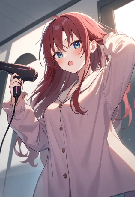 1girl,sincos, ningen mame, toosaka asagi,solo,medium breasts,
hair dryer,drying hair,pajamas, wet hair ,floating hair,wind, after bathing,hand in own hair ,indoors,<lora:dryer_XL_v1:0.8>
from below, wide shot, looking back, red hair, orange eyes,frown, open mouth,hair down,
best quality, very aesthetic, absurdres
