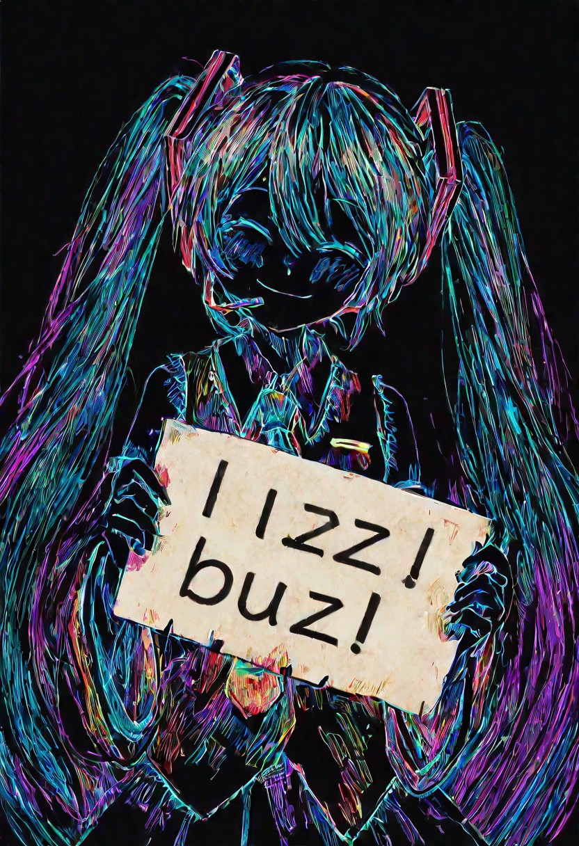 colorful, black background, hatching \(texture\), hatsune miku, smile, miku beam, buzz, holding sign saying "World is Buzz"