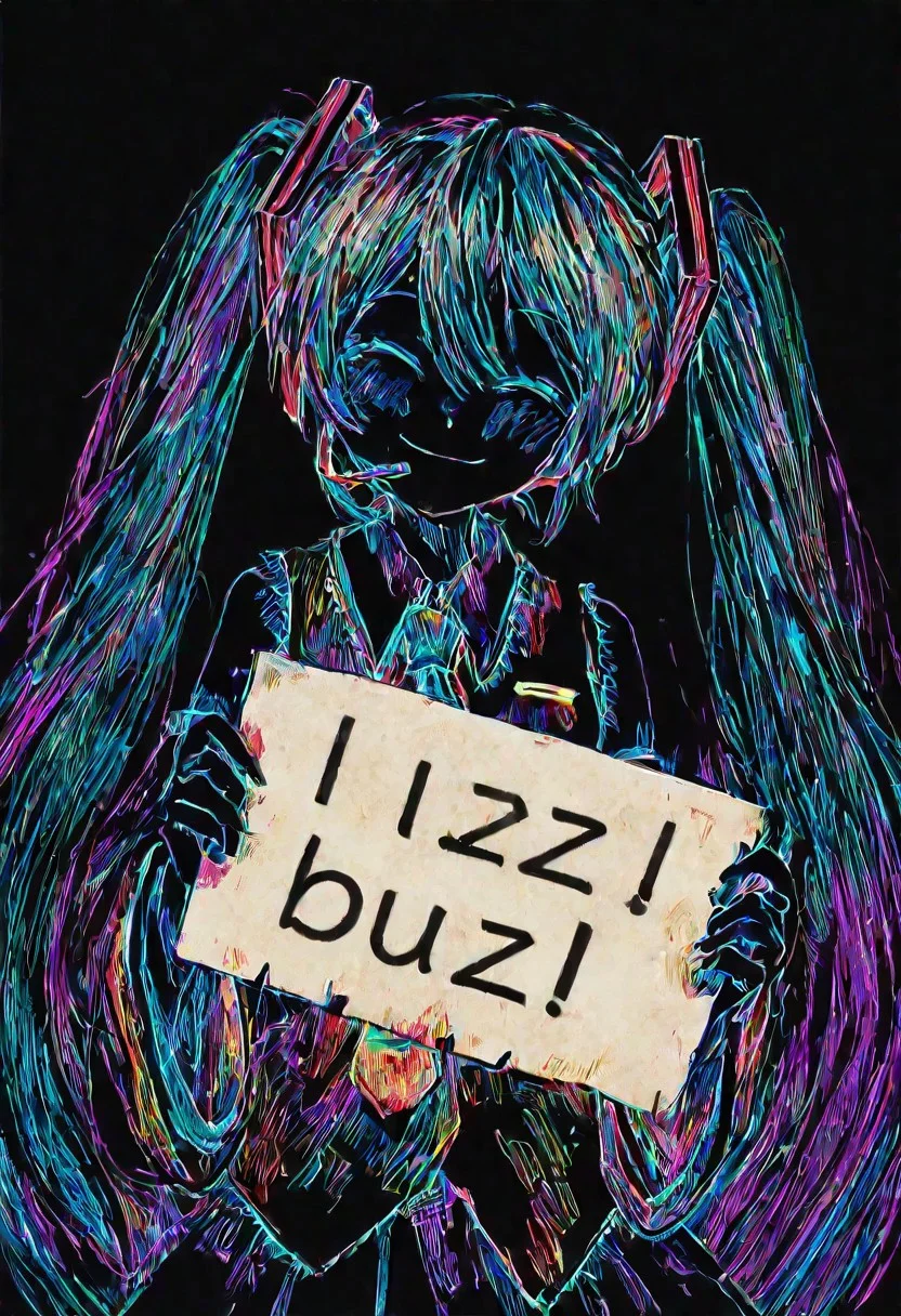colorful, black background, hatching \(texture\), hatsune miku, smile, miku beam, buzz, holding sign saying "World is Buzz"