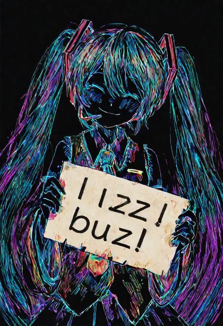 colorful, black background, hatching \(texture\), hatsune miku, smile, miku beam, buzz, holding sign saying "World is Buzz"