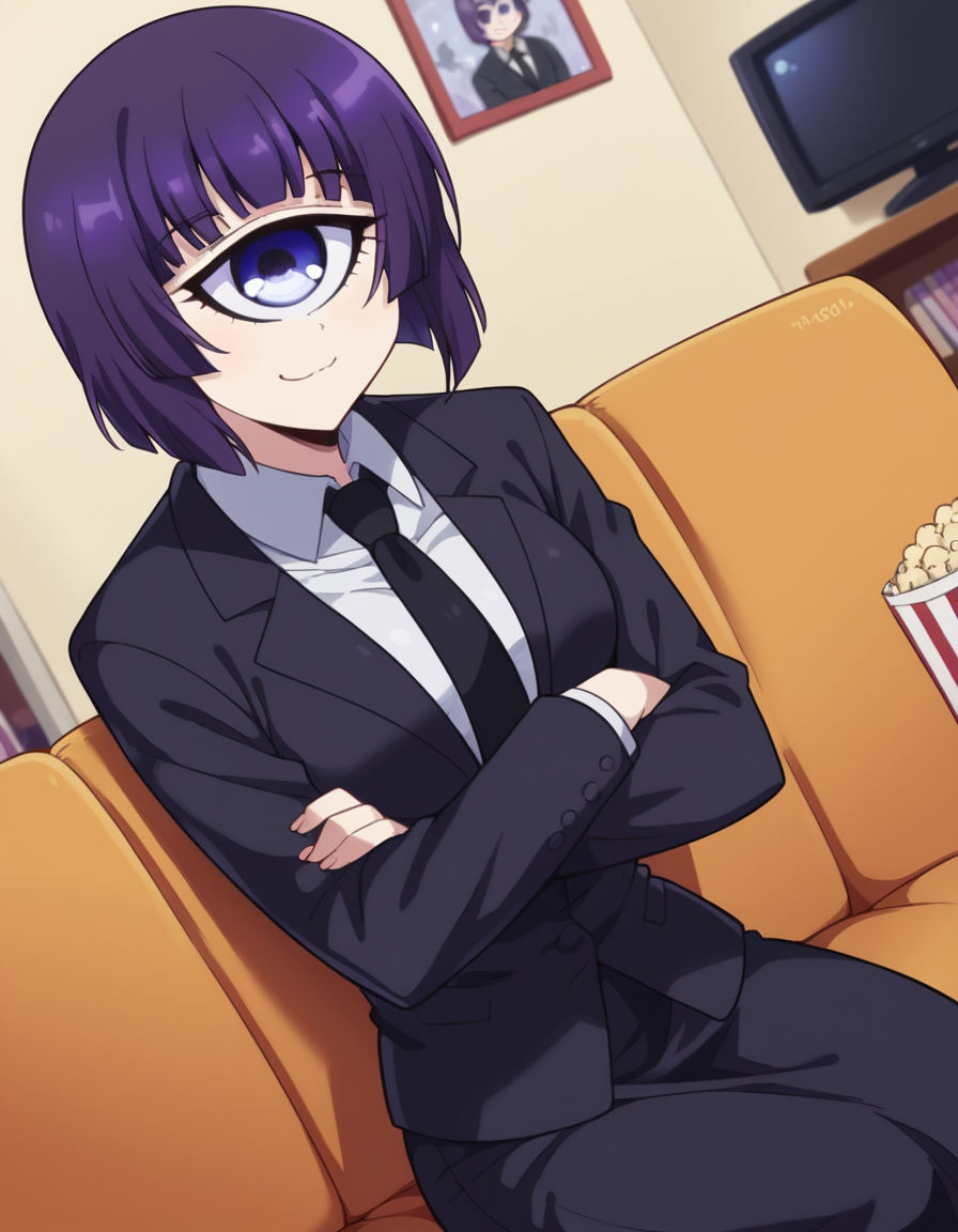 score_9, score_8_up, score_7_up, source_anime, <lora:cyclops-manako-s1-ponyxl-lora-nochekaiser:1>, manako, short hair, blue eyes, purple eyes, purple hair, one-eyed, cyclops, medium breasts,, shirt, necktie, formal, suit, black necktie,, living room, television, couch, popcorn, watching movie, night time, sitting,, , looking at viewer, crossed arms, smug, solo,, dutch angle,