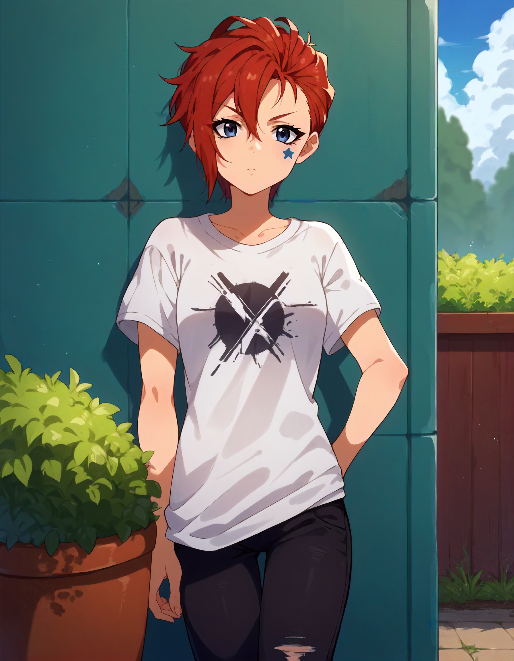 score_9,score_8_up,score_7_up,1girl,solo,cowboy shot,looking at viewer,outdoors,
<lora:millionlivejulia_ponyXLV6:0.8>,mljulia,
red hair,punk hair,blue eyes,star facial mark,
T-shirt,pants