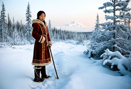 Stable_Yogis_PDXL_Positives, ziprealism, A professional photography in Steve McCurry stvmccrr style, rich colors, cultural portrait, Siberian-Asian, Amid the sweeping Siberian taiga in the full grip of winter, a young female hunter stands resolutely. The icy terrain stretches endlessly, broken only by the frosted needles of towering pine trees. The faint light of dawn spreads a delicate, golden hue over the snow, accentuating the hunterâs poised form., In the frozen Siberian wilderness, a young female hunter, her form exuding strength and grace, stands beneath the shadow of towering pines. She wears a long, hooded woolen robe, dyed a soft blue, embroidered with intricate patterns along the hem. Beneath it, her strong torso is fitted with a leather vest, while woolen thigh-high stockings, in a muted burgundy-red, tuck into sturdy boots. Her proud posture radiates resilience, embodying the essence of Siberiaâs harsh beauty in the 17th century, where the mystical aura of the land is felt in every breath., Her frost-kissed skin, a rich bronze, contrasts beautifully against the pale landscape, giving her a timeless, striking appearance. Her hair, bright and thick, is braided into a series of tight knots, with fur and beads woven into the strands, capturing the essence of both strength and femininity., With strong posture and a focused gaze, her hand rests casually on the quiver at her side, ready for the hunt. The delicate yet sturdy design of her traditional Siberian attire embodys centuries of craftsmanship, blending both function and beauty. A pair of small, fur mittens rest at her sides, prepared to shield her hands from the biting cold., She personifies the spirit of Siberiaâa land of vast expanses and unforgiving winters. the siberian huntress proud, erect femininity mirrors the landâs vitality, standing as a symbol of endurance and beauty that thrives against all odds., Rendered with meticulous detail and historical authenticity, the earthy tones and intricate embroidery evoke a delicate balance, recalling the striking works of Konstantin Makovsky. The vibrant attire and resilient femininity mirror the romanticized portrayals by Albert Edelfelt, while the frosty wilderness and timeless beauty reflect Isaak Levitan's atmospheric mastery. This depiction stands as a testament to the endurance and spirit of Siberia, blending cultural richness with artistic elegance., <lora:add-detail-xl:1.0><lora:Consistency Corrector XL:0.4><lora:stvmccrr:1>âââ