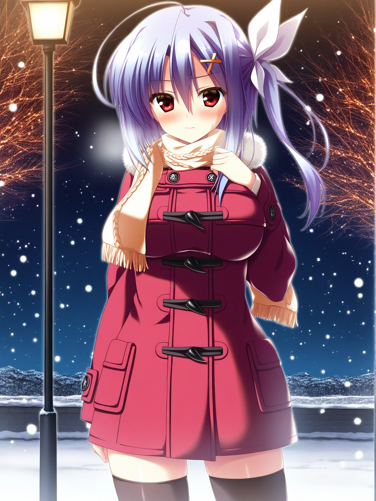 (masterpiece,best quality,ultra_detailed,highres,absurdres:1.2,amazing quality,very aesthetic),<lora:Shiina Anzu ilxl_v1-000012:0.8>,1girl,solo,scarf,coat,blush,duffel coat,blue hair,hair ornament,red eyes,side ponytail,sweatdrop,3:,wavy mouth,one side up,ahoge,hair ribbon,winter clothes,shiina anzu\(12gatsu no Eve\),large breasts,standing,black thighhighs,looking at viewer,snow,snowing,red coat,