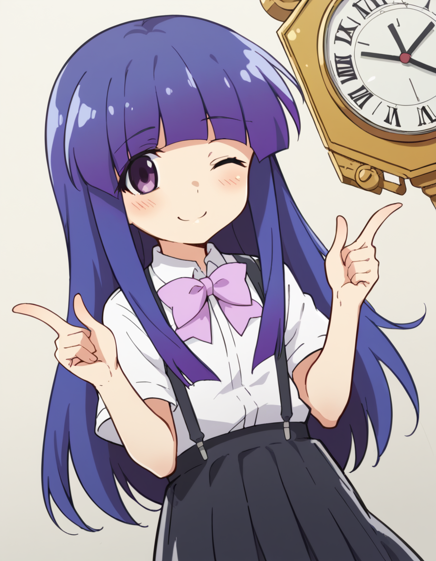 score_9, score_8_up, score_7_up, source_anime, <lora:rika-furude-s4-ponyxl-lora-nochekaiser:1>, rika furude, long hair, bangs, blue hair, purple eyes, blunt bangs, purple hair,, skirt, shirt, bow, school uniform, white shirt, short sleeves, pleated skirt, bowtie, black skirt, suspenders, pink bow, suspender skirt,, clock tower, clock, height, landmark, hands, , <lora:double-finger-gun-ponyxl-lora-nochekaiser:1>, double finger gun,, blush, smile, one eye closed, from side, looking at viewer, solo,, dutch angle, cowboy shot