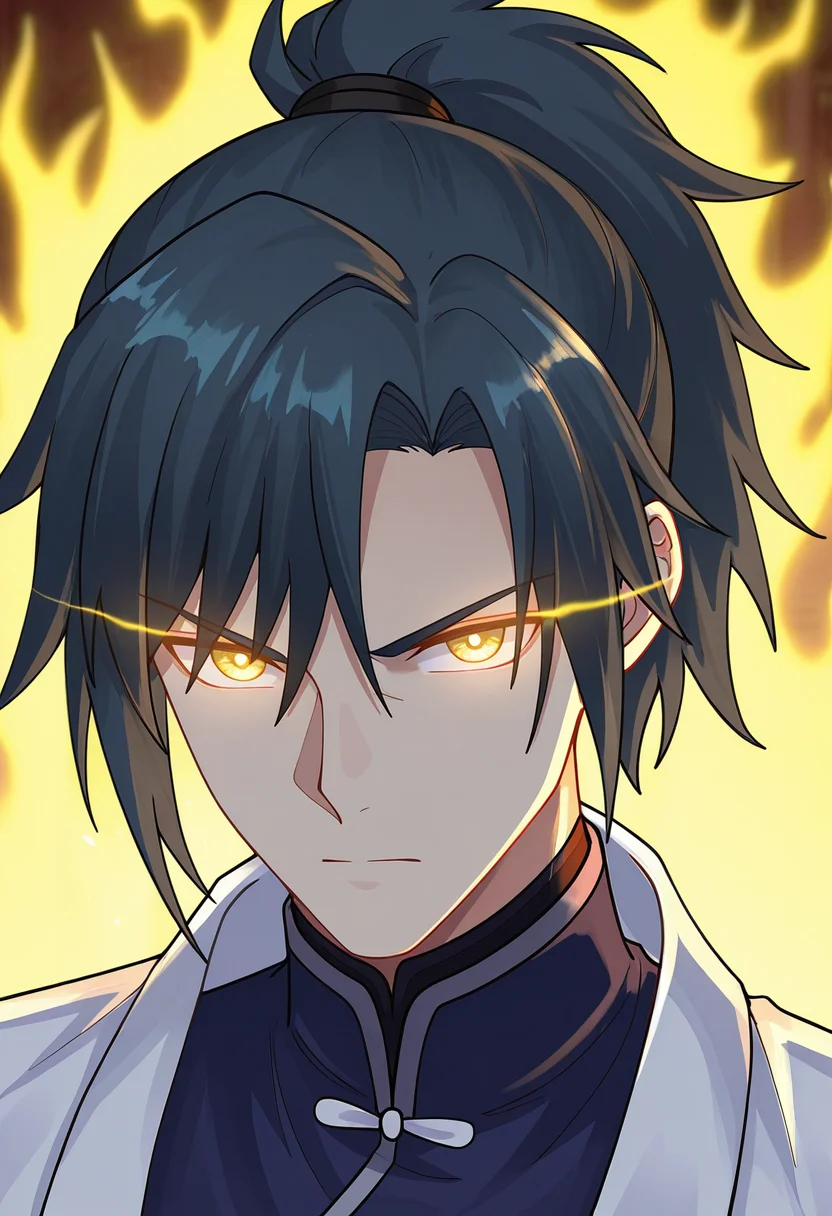 masterpiece, best quality, amazing quality,high resolution, intricate details,official style,depth of field , , , 1boy, solo, male focus,  <lora:yang_kai:0.86>,yang kai,black hair,golden eyes,short hair,ponytail hair,close-up,glowing eyes, yellow aura,chinese clothing
