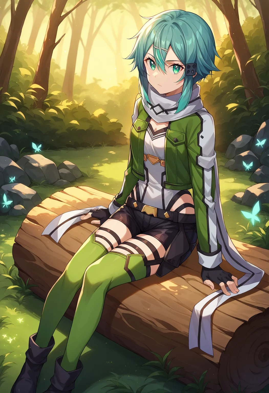 score_9, score_8_up,score_7_up, source_anime, 1girl, <lora:EPsoaSinonPony-04:1.0>, EPsoaSinon, short hair, aqua hair, detailed jewel-like eyes, hair between eyes, hair ornament, hairclip, sidelocks, green jacket, black footwear, black gloves, black shorts, fingerless gloves, gloves, green legwear, jacket, long sleeves, open jacket, scarf, short hair with long locks, short shorts, shorts, white scarf, sitting on a log bench, looking at viewer, star-like clusters of vibrant glowing fireflies, clearing in the forest