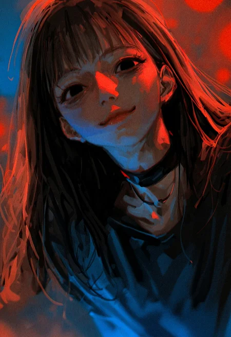 (by narue:1.3), (by tatsumi \(psmhbpiuczn\):1.15), 
<lora:nhl-001-20:0.8> nhl-001, <lora:nhl-002-20:0.9> nhl-002, 
realistic textured painterly,  glowing theme, red theme, multicolored background, blue theme, 
1girl, :/, bags under eyes, solo, black eyes, choppy bangs, black choker, (sanpaku:1.25),  lips, nose, smug, closed mouth, looking at viewer,
(blurry foreground:1.2), (blurry background:1.2), (dynamic perspective:1.2), (strong depth of field:1.2), 
very awa, best quality, highres, masterpiece,