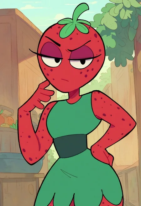 score_9_up, score_8_up, score_7, cartoon, 1girl, solo, drupe, fruit, colored skin, freckles, green dress, sleeveless dress, eyeshadow, looking at viewer, expressionless, cowboy shot, hand on own hip, outdoors