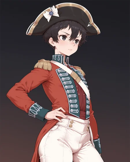 IllustriousQual_1017896, detailed face, detailed body,  linear hatching, OCDamien, 1boy, solo, otoko no ko, toned, nose shade, black hair, black eyes, very short hair, pixie cut, hair between eyes, redcoat, napoleonera, white pants, epaulettes, bicorne,saber, determined, portrait, looking afar, facing viewer, gradient background, dark background, <lora:StS-Illustrious-Detail-Slider-v1.0:5><lora:hand 5.5_903007:0.9> <lora:OC_Damien_1232757:1><lora:StS_Age_Slider_Illustrious_v1:3><lora:il_brightness_slider_d1_1133126:0><lora:Muscle slider 3_last:2><lora:PP slider_last:-1> <lora:redcoat uniform-v3IL:1>
