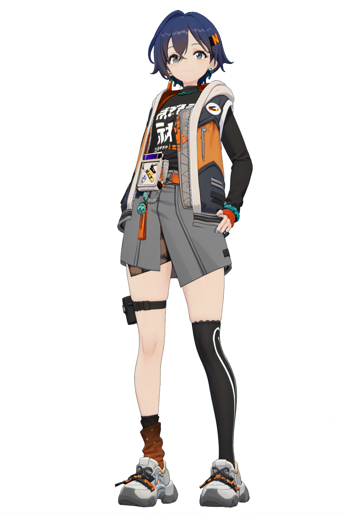 score_9, score_8_up, score_7_up, score_anime, 8k, best quality, masterpiece, (ultra-detailed), (white background:1.2), solo, hands on hip, (full body:1.1), looking at viewer, 
<lora:zzzstyle-pony-Tanger:0.8>,lin, lin's def clothes, zzz style, 1girl, grey skirt, blue hair, single thighhigh, socks, short hair, asymmetrical legwear,