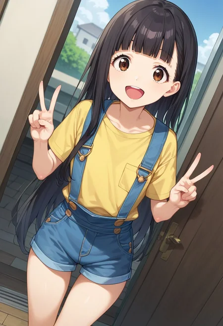 score_9, score_8_up, score_7_up, score_6_up, score_5_up, score_4_up, source_anime,1girl,solo,
<lora:kaju_nukumizu_anime-soralz:1> kaju nukumizu, big eyes,ong hair, black hair, blunt bangs, brown eyes,tareme, smile,open mouth,
firm chest, thin waist, petite,flat chest,
high angle shot,dutch angle,looking at viewer,close-up face,yellow crop top, overalls,slim thighs,making a peace sign,
