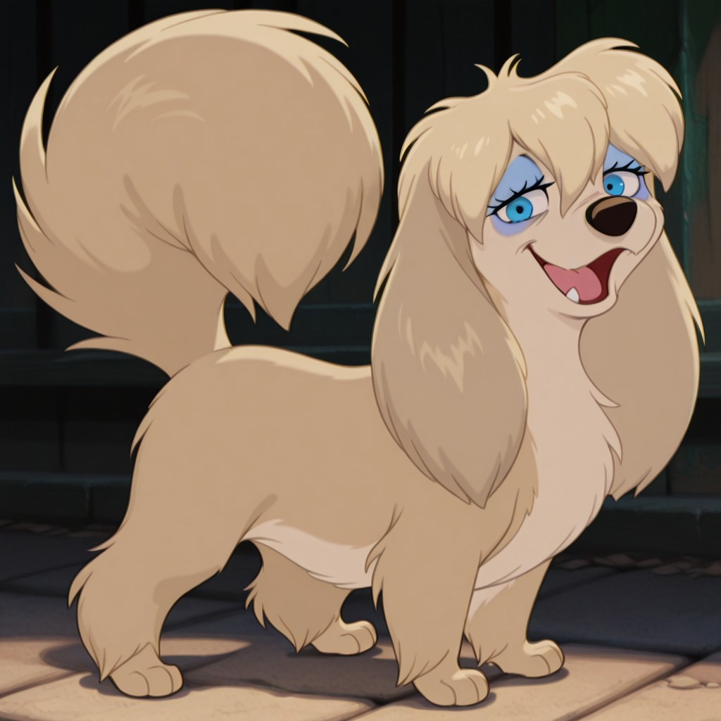 peg, female, dog, disney, blonde fur, long ears, light blonde belly, blue eyes, blue eyeshadow, bangs, hair tuft, BREAK score_9, score_8, score_7, no humans, (((full body))), standing, solo, female, feral, hight definition, hyper detailed, best quality, amazing quality, 1girl, cute, cute smile, cute pose, 8k, masterpiece, looking at viewer BREAK dancing, quadruped, happy, friendly, adorable, expressive eyes, sweet, smiling, sassy, open mouth, half-open eyes, outside, smug, flirty, playful