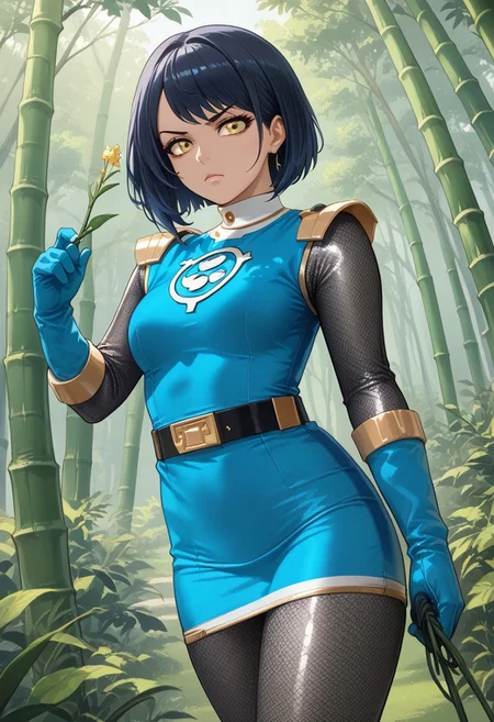 score_9, score_8_up, score_7_up, BREAK,
1girl, solo, BREAK,
sentaikageblue, shiny clothes, spandex, BREAK,
silver bodysuit, fishnet bodysuit, bodysuit under clothes, aqua dress, shoulder pads, aqua skirt, black belt, BREAK,
aqua gloves, no headwear, BREAK,
ku70u5a4a, dark hair, short hair, yellow eyes, medium breasts, thick thighs, BREAK,
standing, serious, BREAK,
dutch angle, outdoors, forest, bamboo, evening,