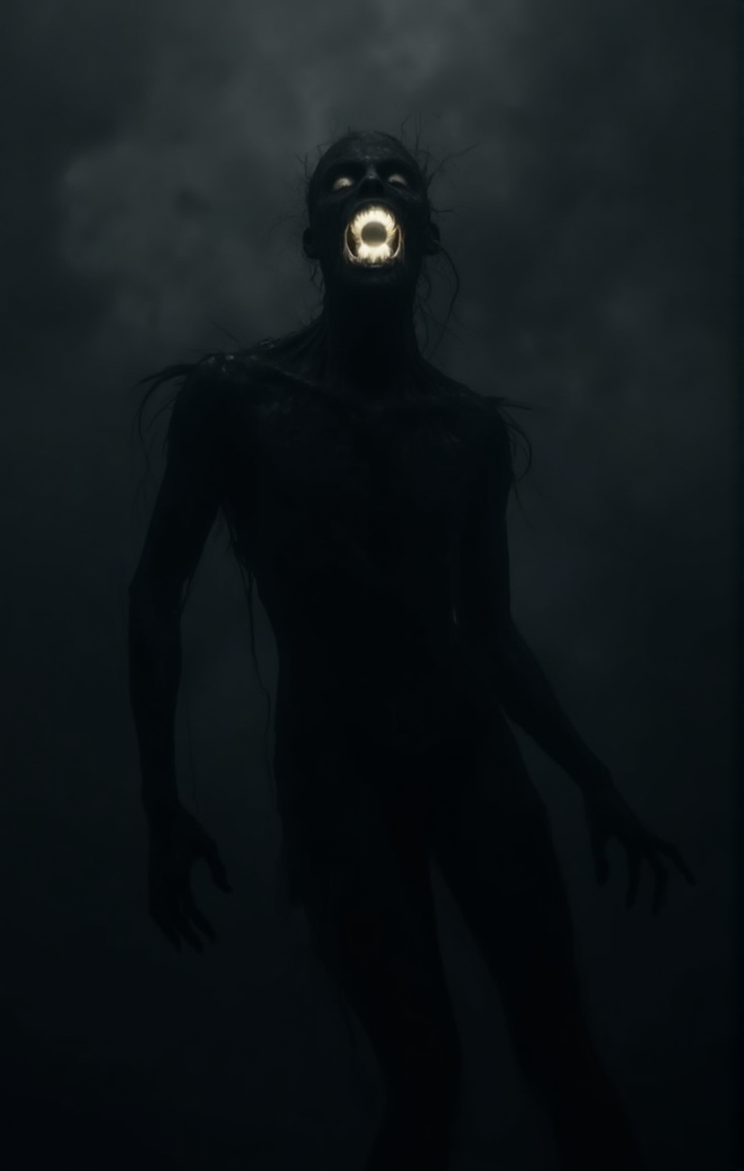 The image portrays a hauntingly eerie floating figure seemingly made of shadows or a dark substance with a glowing orb or light emanating from its mouth. The background is a murky smoky gray adding to the overall ominous atmosphere. The figure's posture suggests it's in motion.<lora:- Flux1 De-Distilled - temp_haunting_cre_1.0-step00002400:.7>