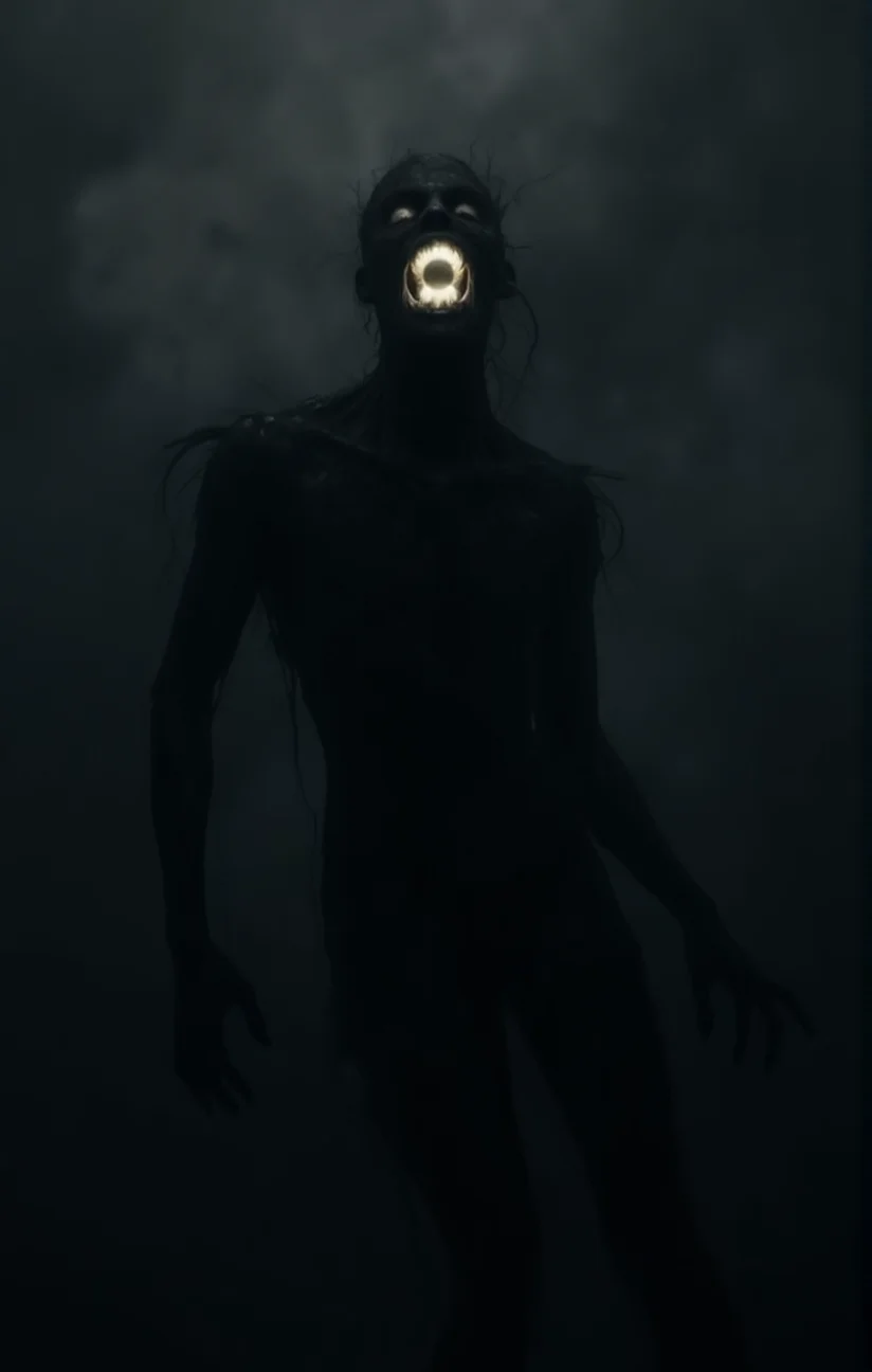 The image portrays a hauntingly eerie floating figure seemingly made of shadows or a dark substance with a glowing orb or light emanating from its mouth. The background is a murky smoky gray adding to the overall ominous atmosphere. The figure's posture suggests it's in motion.<lora:- Flux1 De-Distilled - temp_haunting_cre_1.0-step00002400:.7>