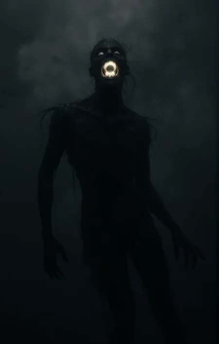 The image portrays a hauntingly eerie floating figure seemingly made of shadows or a dark substance with a glowing orb or light emanating from its mouth. The background is a murky smoky gray adding to the overall ominous atmosphere. The figure's posture suggests it's in motion.<lora:- Flux1 De-Distilled - temp_haunting_cre_1.0-step00002400:.7>