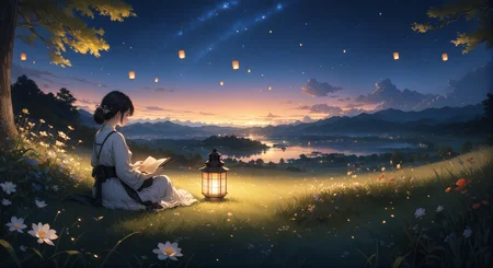 (masterpiece, top quality, best quality, official art, beautiful and aesthetic:1.2)
1girl, sitting on grass, holding a book, night, nighttime sky, lantern lighting up immediate area, stars, end of sunset, colorful sky, peaceful, flowers, fireflies, highly detailed, wide shot,
highres, ultra high res, 4k, 8k, intricate detail, cinematic lighting, amazing quality, wallpaper <lora:aesthetic_anime_v1s:1.2> <lora:fiasco_A1:1>