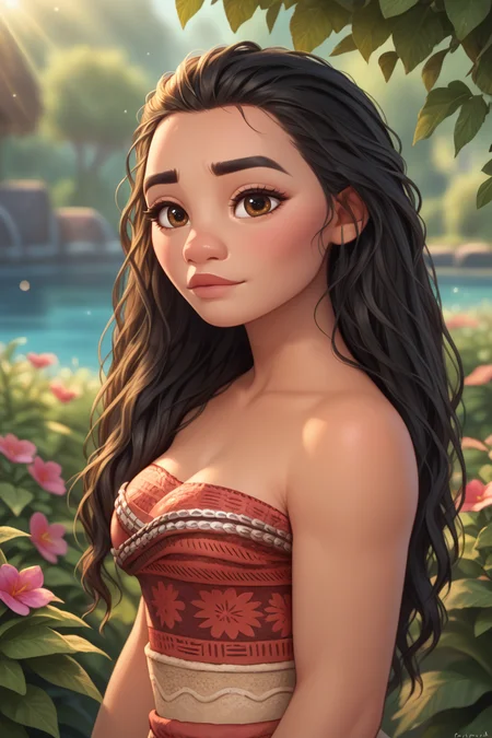 score_9, score_8_up, score_7_up,
<lora:DMoana:0.8>
DMoana, 1girl, black hair, long hair, brown eyes, looking at viewer, standing in a sunlit garden, surrounded by blooming flowers, soft focus background with bokeh, gentle breeze rustling through leaves, romantic and dreamy ambiance