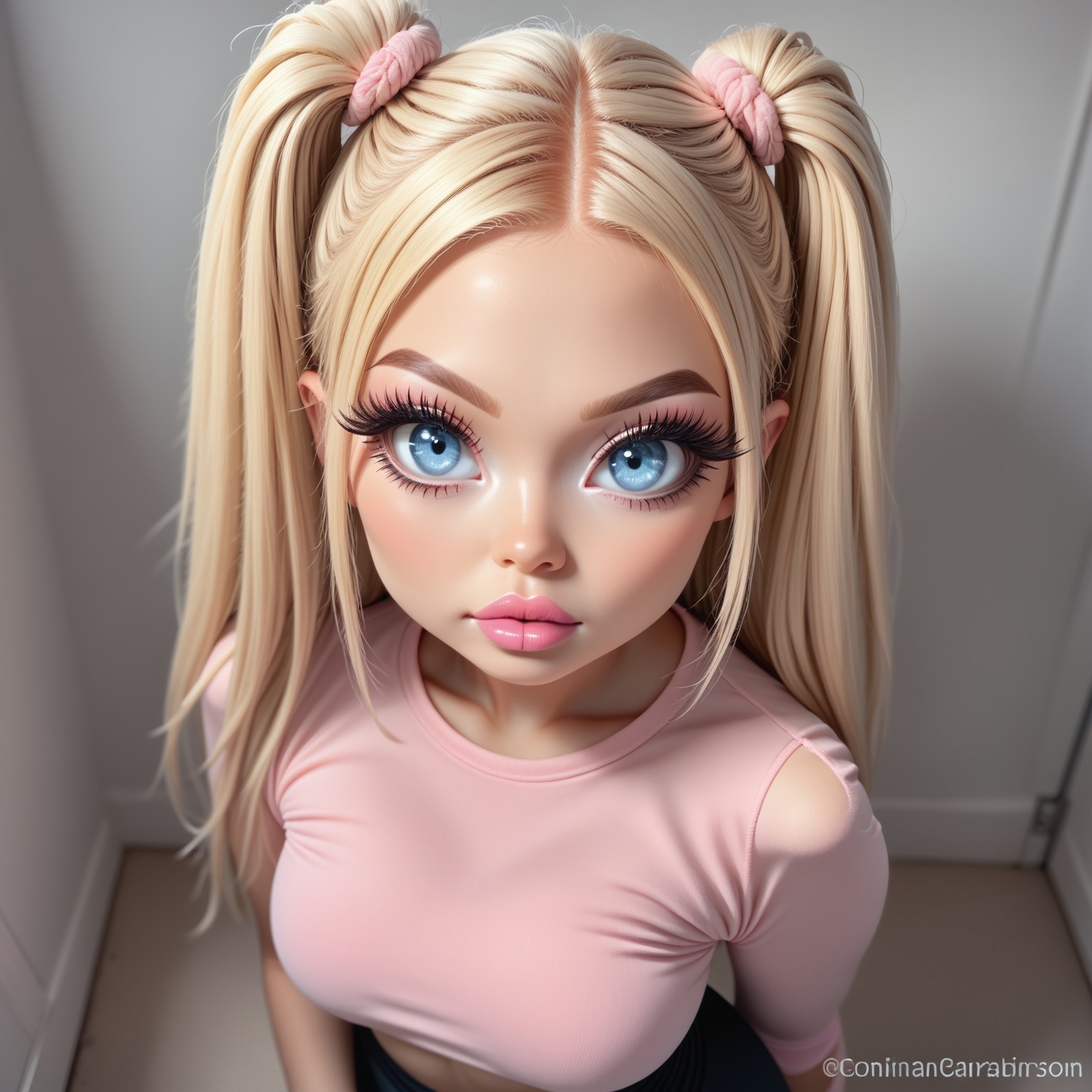
1girl, blonde hair, light blue eyes, eyelashes, makeup, extreme detailed eyes, pink lips, from above, looking at viewer, long hair, solo, uncensored, face focus, twin tails, upper body