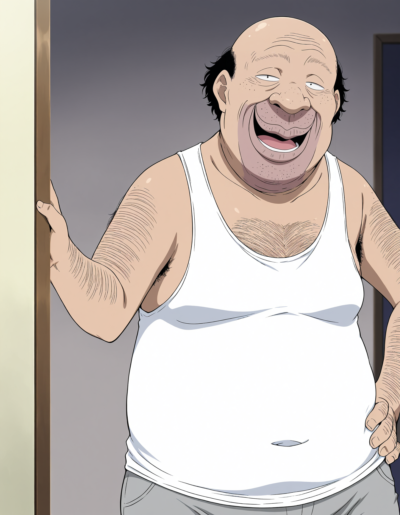 masterpiece, best quality,anime screencap, anime coloring,(4 fingers, 1 thumb:1.1),(solo boy,alone,soro focus:1.1),
<lora:Ossan-IL-Vol01:0.9>Ossan-IL-Vol01,1boy,fat man,old man,ugly man,hentai,ossan,stubble,facial hair,bald,beard stubble,big nose,dark-skinned male,arm hair,chest hair,hairy,(black hair:0.8),
(freckles:0.7),(sanpaku:0.8),white tank top,gray shorts,
hand on hip,