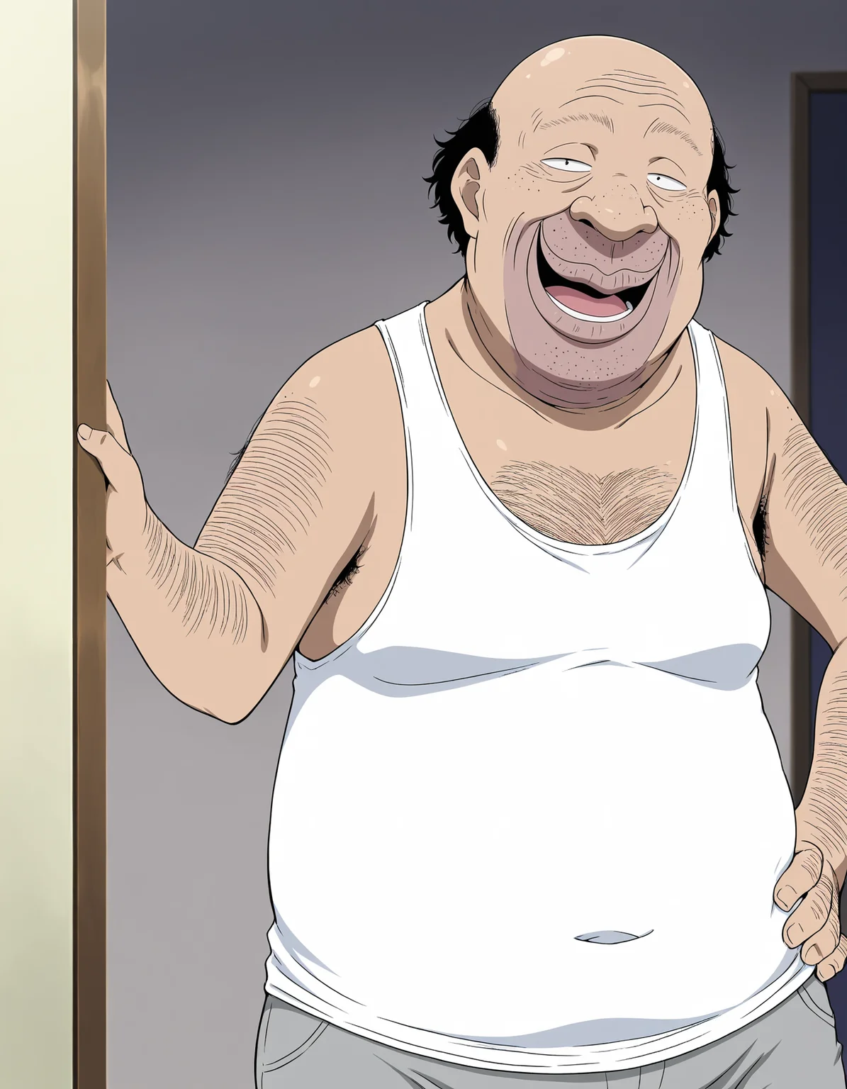 masterpiece, best quality,anime screencap, anime coloring,(4 fingers, 1 thumb:1.1),(solo boy,alone,soro focus:1.1),
<lora:Ossan-IL-Vol01:0.9>Ossan-IL-Vol01,1boy,fat man,old man,ugly man,hentai,ossan,stubble,facial hair,bald,beard stubble,big nose,dark-skinned male,arm hair,chest hair,hairy,(black hair:0.8),
(freckles:0.7),(sanpaku:0.8),white tank top,gray shorts,
hand on hip,