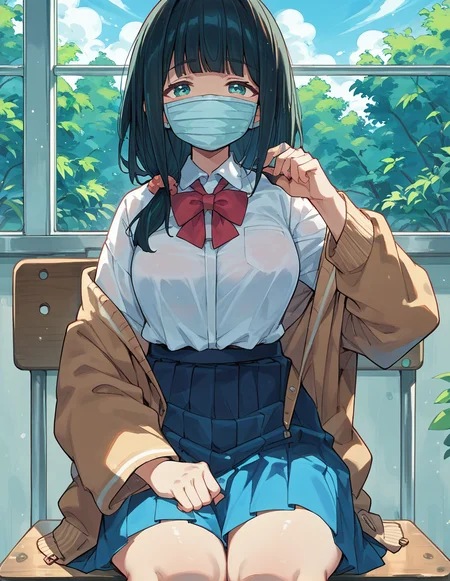 1girl,<lora:hassu_pony:1>,hassu,bangs,mask,mouth mask,surgical mask,jacket,eyebrows visible through hair,school uniform,
sitting,thighs,, score_9,score_8_up,score_7_up,score_6_up,score_5_up,score_4_up,