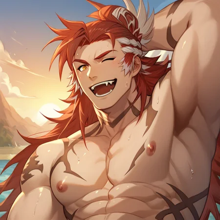 score_9_up, score_8_up, score_7_up, best quality, amazing quality, best aesthetic, perfect eyes, 1boy, solo, male focus, Wilnasgbf, orange eyes, red hair, multicolored hair, long hair, body markings, black polish, muscular male, bara, large pectorals, puffy nipples, waist up, sweaty, glistening, winking, one eye closed one eye open, smile, open mouth, fangs, shirtless, outside, sunny, sunset, expressiveh